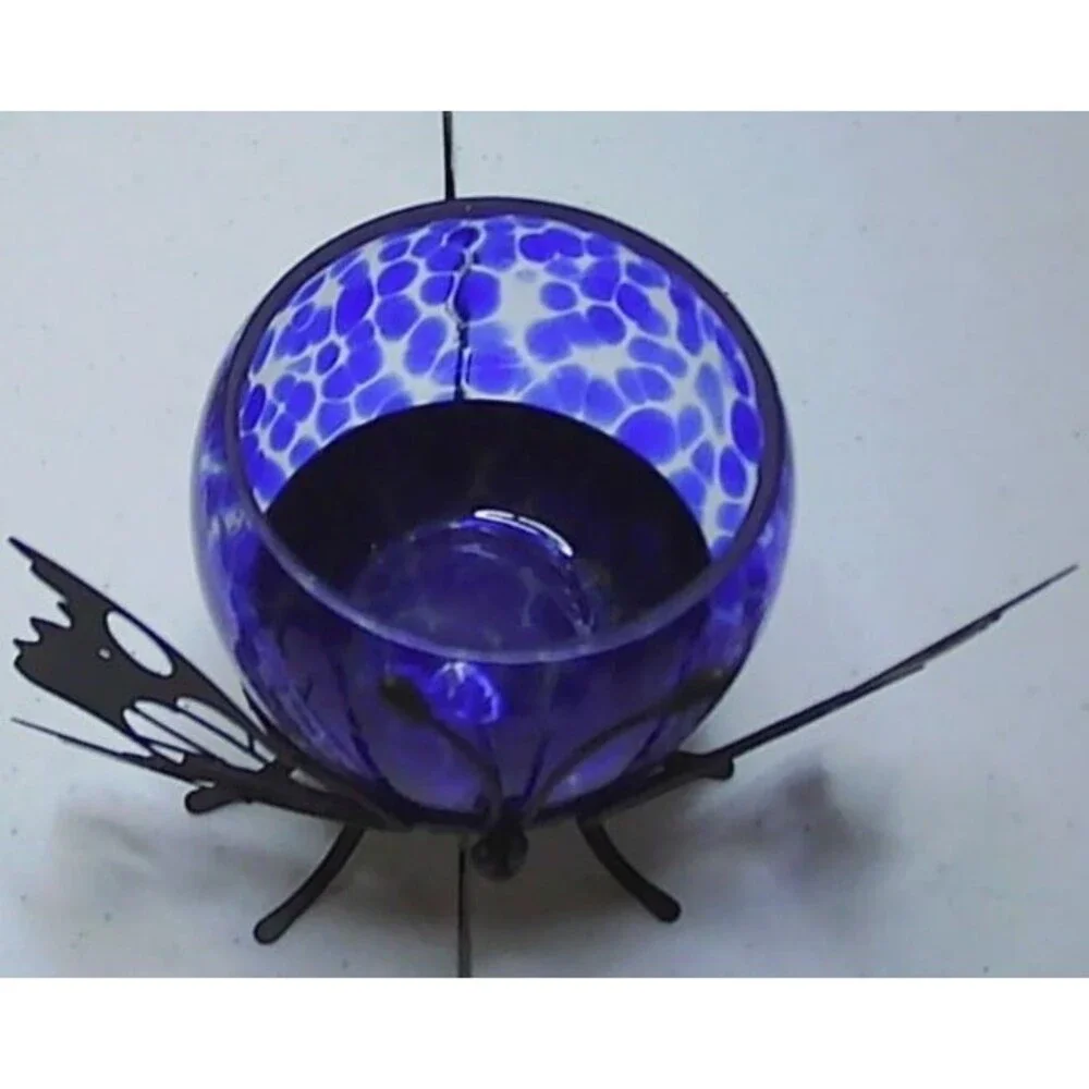 Flying Colors Butterfly Votive Candle Holder Blue Glass 2002 NOS